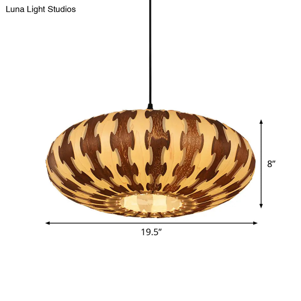 Brown Oval Lantern Ceiling Pendant Light - Asia Style Wood Led Hanging Lamp