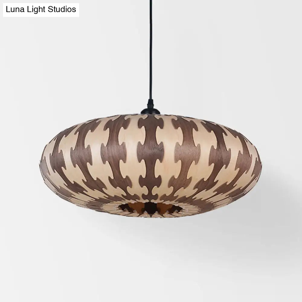 Brown Oval Lantern Ceiling Pendant Light - Asia Style Wood Led Hanging Lamp