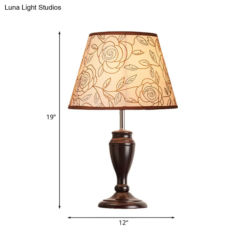 Brown Table Lamp With Tapered Fabric Shade And Floral/Slashed/Geometric Pattern Rustic Light For