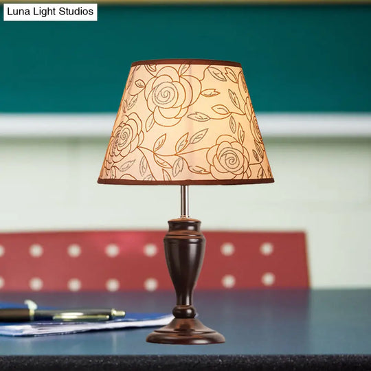 Brown Table Lamp With Tapered Fabric Shade And Floral/Slashed/Geometric Pattern Rustic Light For