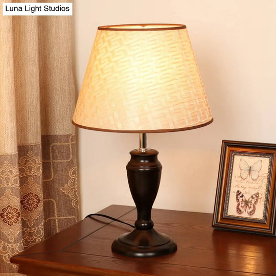 Brown Table Lamp With Tapered Fabric Shade And Floral/Slashed/Geometric Pattern Rustic Light For