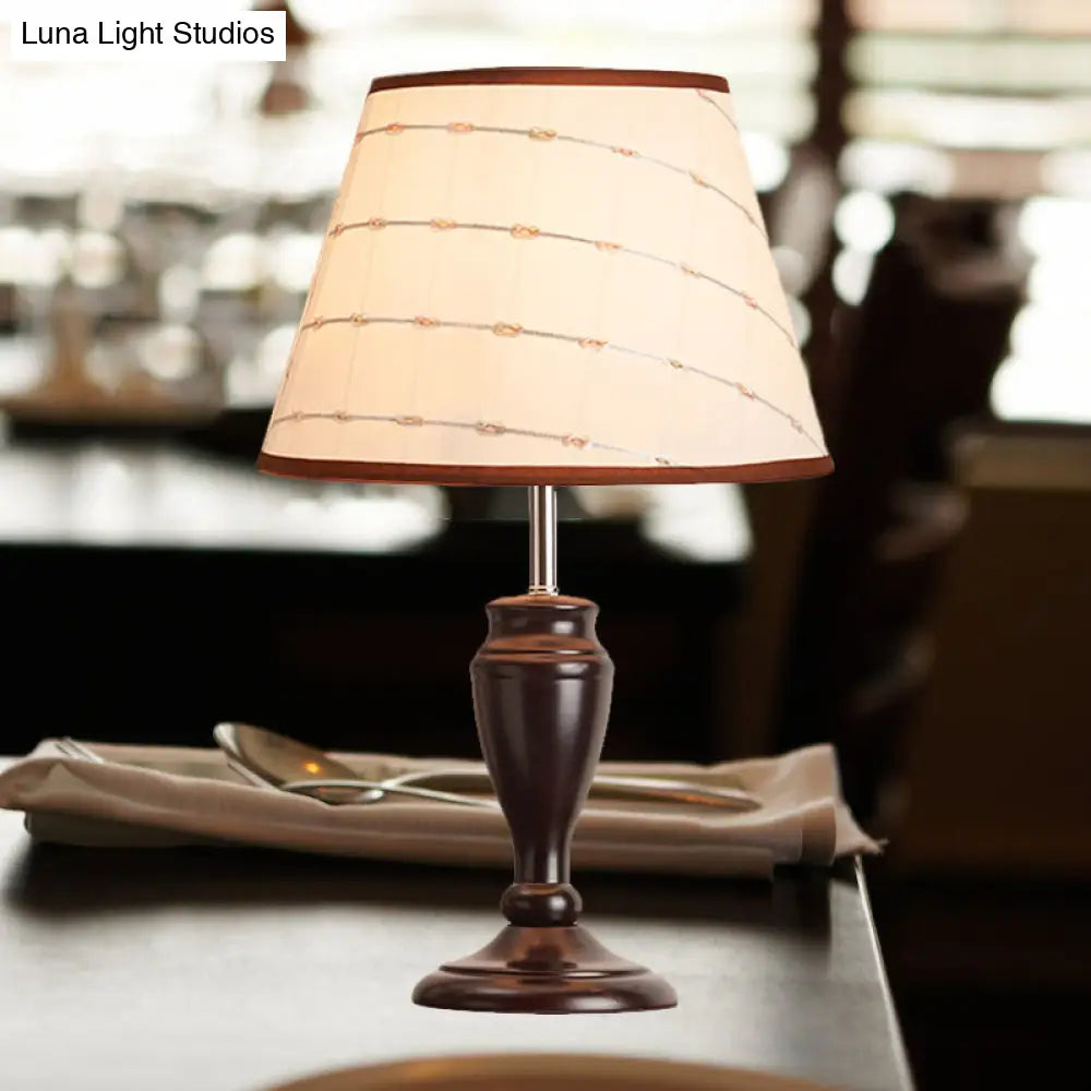 Brown Table Lamp With Tapered Fabric Shade And Floral/Slashed/Geometric Pattern Rustic Light For