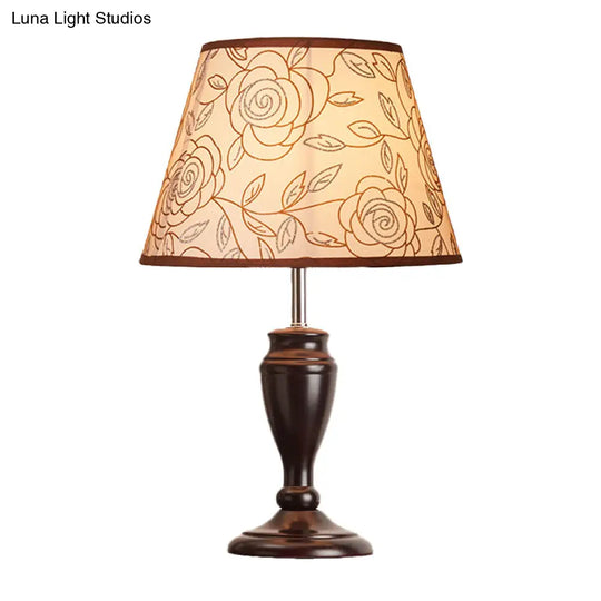 Brown Table Lamp With Tapered Fabric Shade And Floral/Slashed/Geometric Pattern Rustic Light For