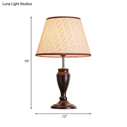 Brown Table Lamp With Tapered Fabric Shade And Floral/Slashed/Geometric Pattern Rustic Light For