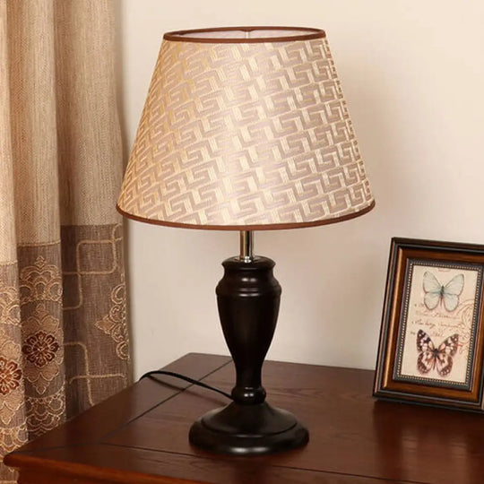 Brown Table Lamp With Tapered Fabric Shade And Floral/Slashed/Geometric Pattern Rustic Light For