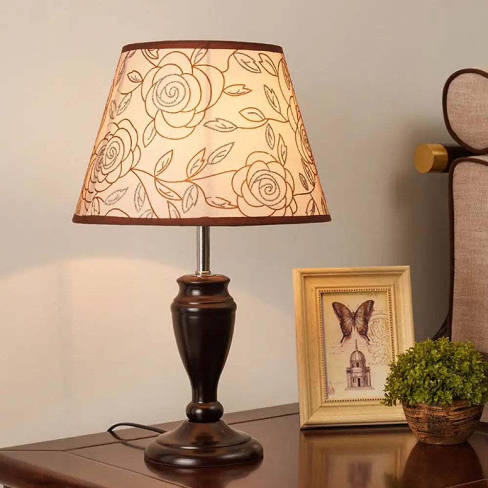 Brown Table Lamp With Tapered Fabric Shade And Floral/Slashed/Geometric Pattern Rustic Light For