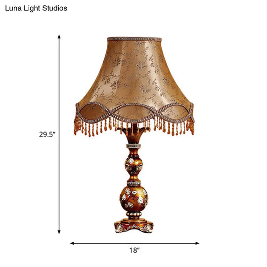 Brown Tapered Shade Table Lamp - 13/18 Height Traditional Fabric Leaf Design Ideal For Living Room