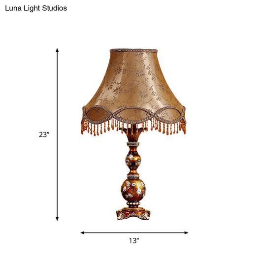 Brown Tapered Shade Table Lamp - 13/18 Height Traditional Fabric Leaf Design Ideal For Living Room