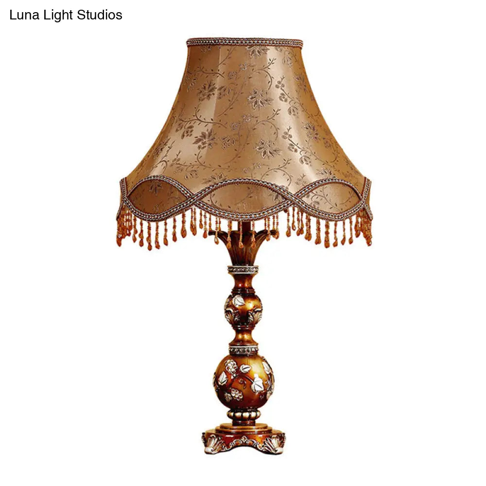 Brown Tapered Shade Table Lamp - 13/18 Height Traditional Fabric Leaf Design Ideal For Living Room