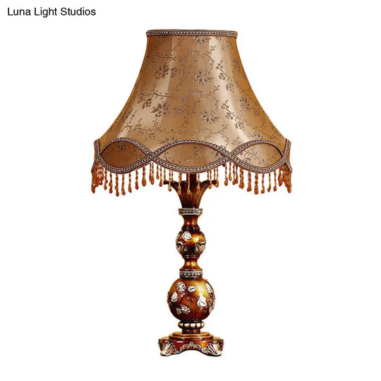 Brown Tapered Shade Table Lamp - 13/18 Height Traditional Fabric Leaf Design Ideal For Living Room