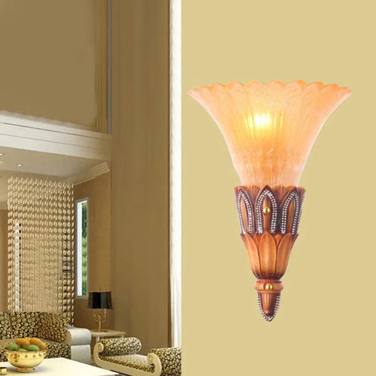 Brown Textured Glass Flower Sconce - Single Head Colonial Flush Mount Wall Light For Living Room