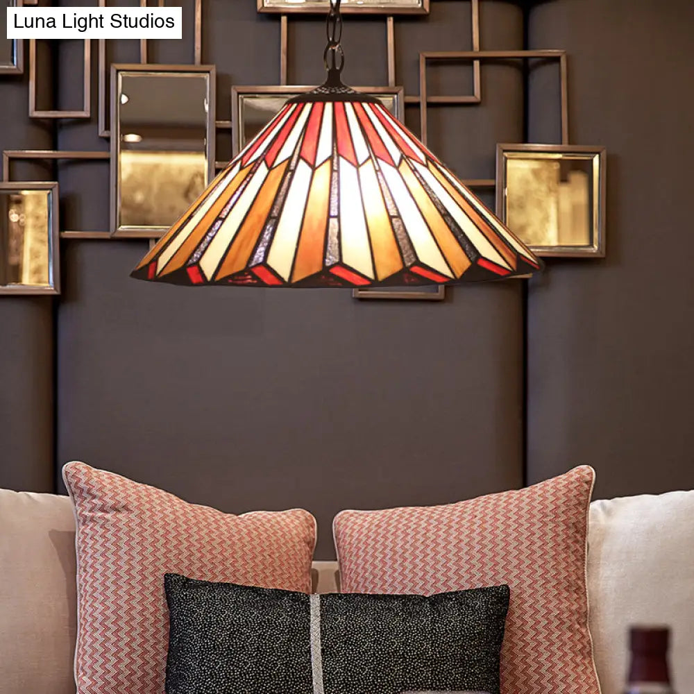 Brown Tiffany Hanging Pendant Light: Stained Art Glass Ceiling Fixture For Living Room
