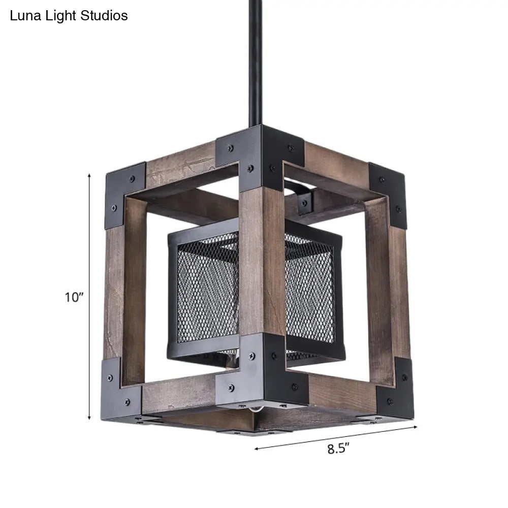 Industrial Brown Wire Mesh Pendant Light With Metal Frame And Square Shade: Ideal Hanging Lamp For