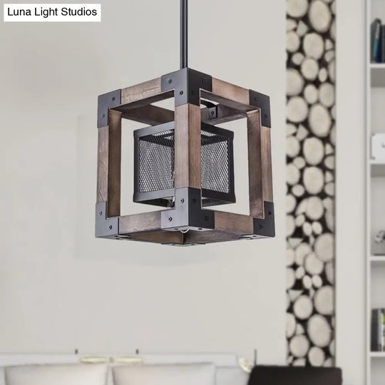 Brown Wire Mesh Pendant Light - Industrial Metal Hanging Lamp With Square Shade Perfect For Living