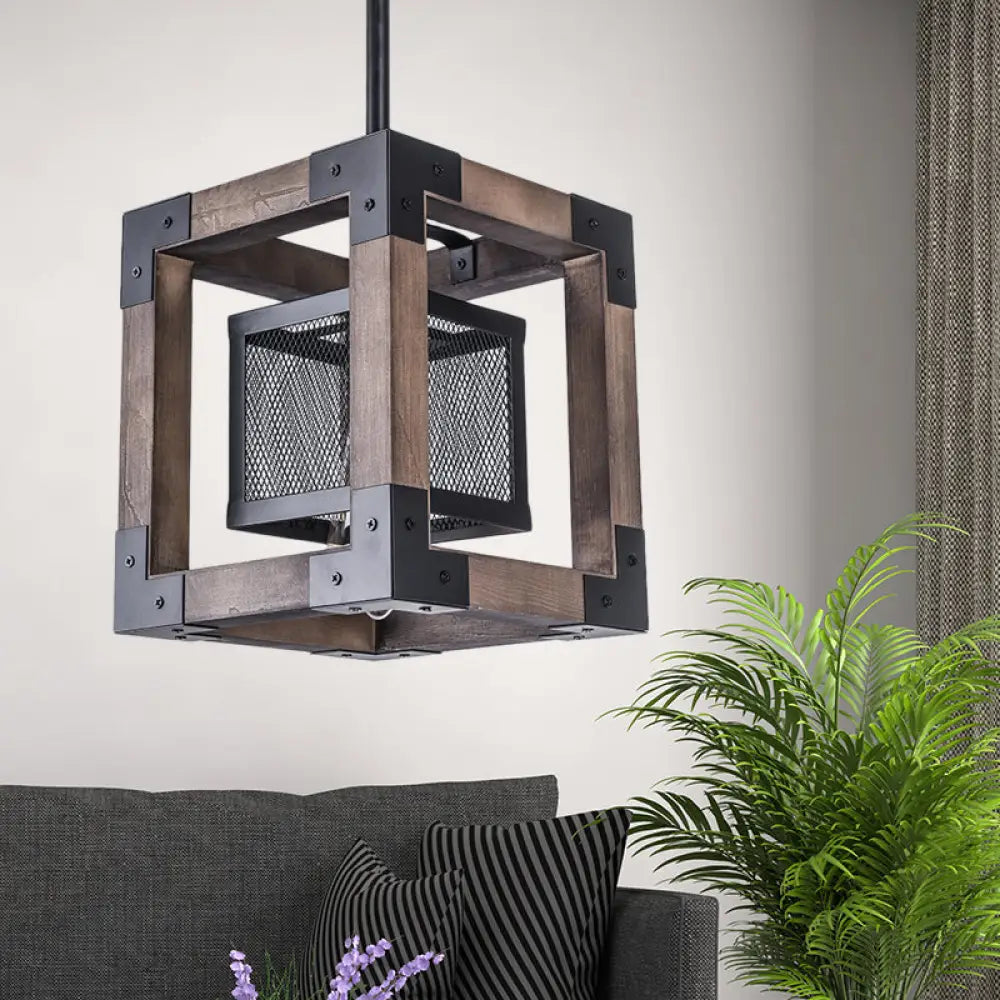 Brown Wire Mesh Pendant Light - Industrial Metal Hanging Lamp With Square Shade Perfect For Living