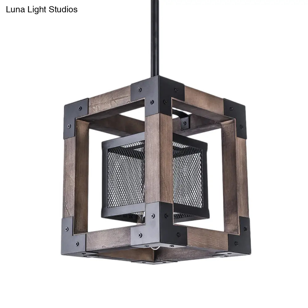 Brown Wire Mesh Pendant Light - Industrial Metal Hanging Lamp With Square Shade Perfect For Living