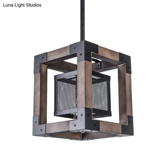 Industrial Brown Wire Mesh Pendant Light With Metal Frame And Square Shade: Ideal Hanging Lamp For