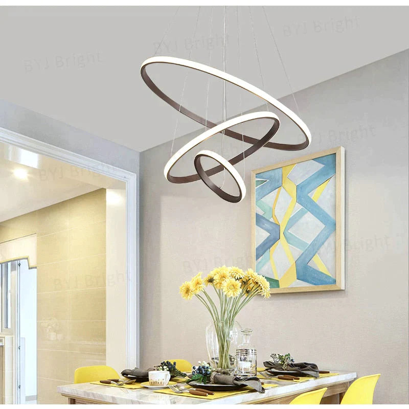 Brown/White Modern LED Pendant Lights For Living Room Bedroom Dining Room Indoor Home 1/2/3/4 Circle Rings Deco Pendant Lamp