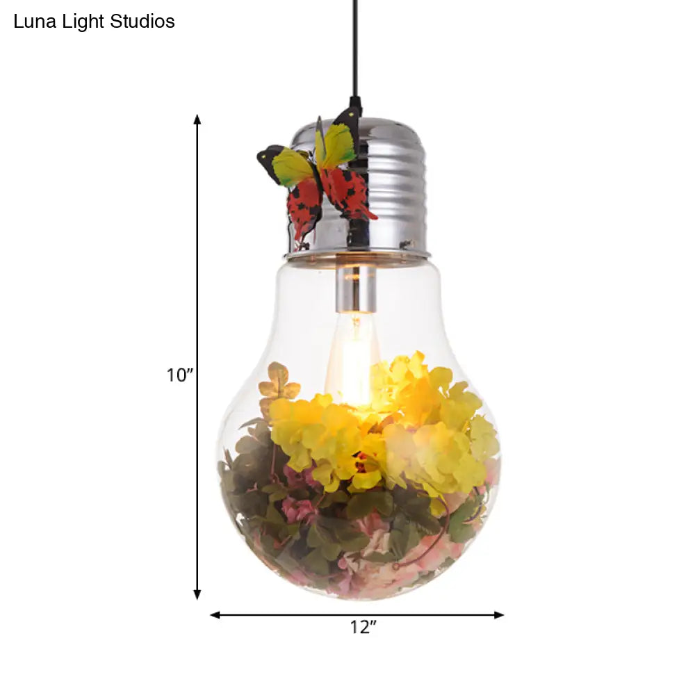 Bulb Shape Clear Glass Suspension Light - Art Deco 1-Head Silver Flower Pendant 6/8.5/12 Width