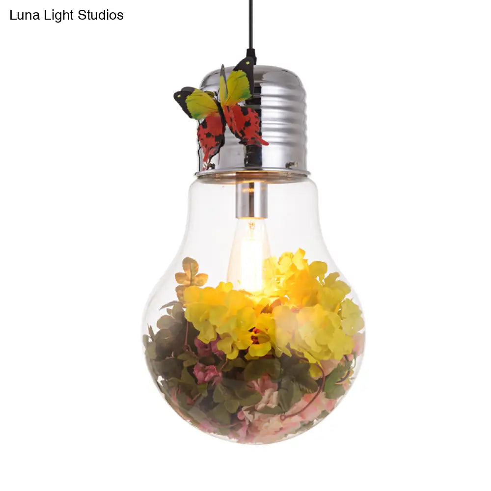 Bulb Shape Clear Glass Suspension Light - Art Deco 1-Head Silver Flower Pendant 6/8.5/12 Width