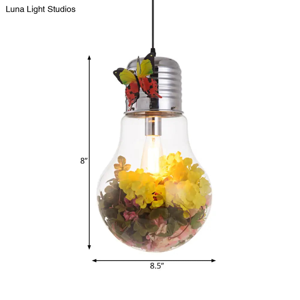 Bulb Shape Clear Glass Suspension Light - Art Deco 1-Head Silver Flower Pendant 6/8.5/12 Width