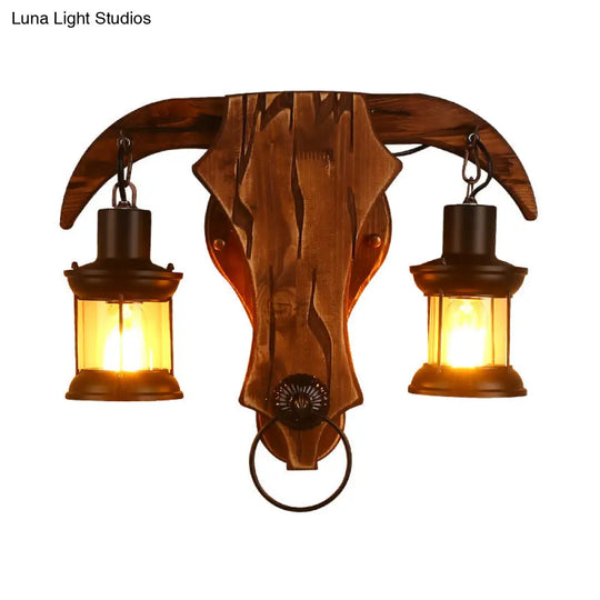 Bull Shaped Sconce Wall Lamp - Retro Style With 2 Bulbs Wood And Metal Lantern Shade