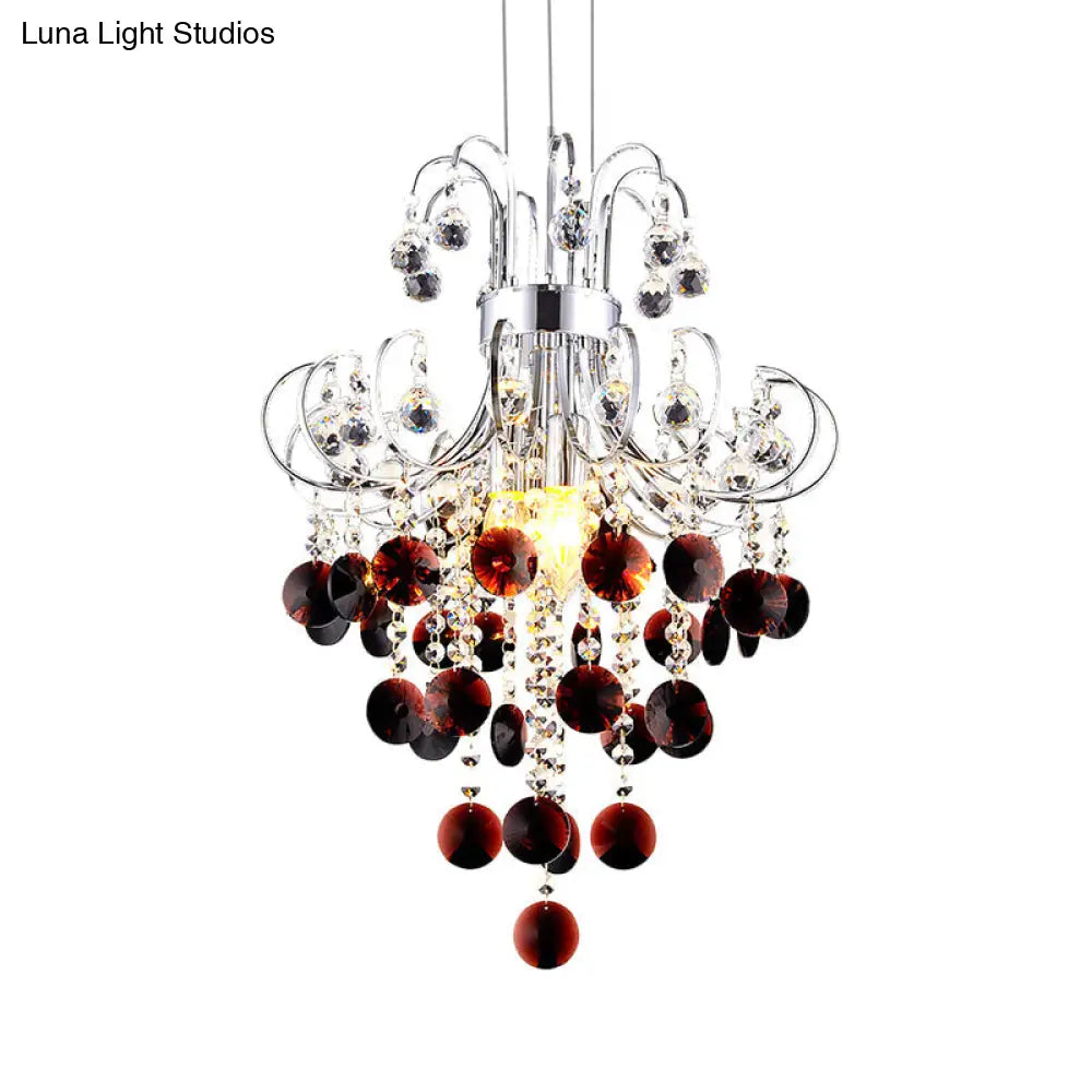 Burgundy Crystal Pendant Light With Chrome Beaded Chandelier - Modern 4-Light Lamp For Bedroom