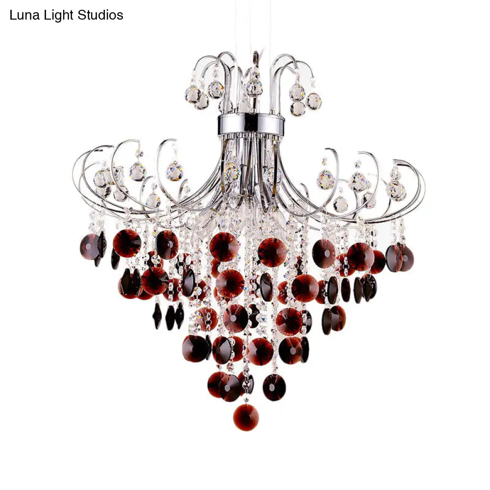 Burgundy Crystal Pendant Light With Chrome Beaded Chandelier - Modern 4-Light Lamp For Bedroom