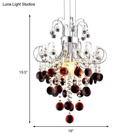 Burgundy Crystal Pendant Light With Chrome Beaded Chandelier - Modern 4-Light Lamp For Bedroom