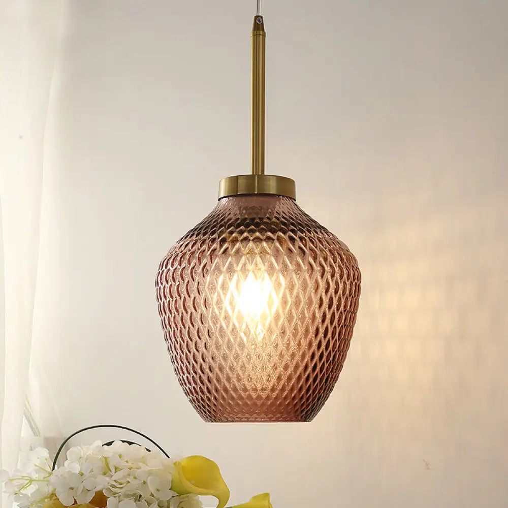 Burgundy Glass Strawberry Pendant Ceiling Fixture In Brass - Contemporary 1-Light Hang