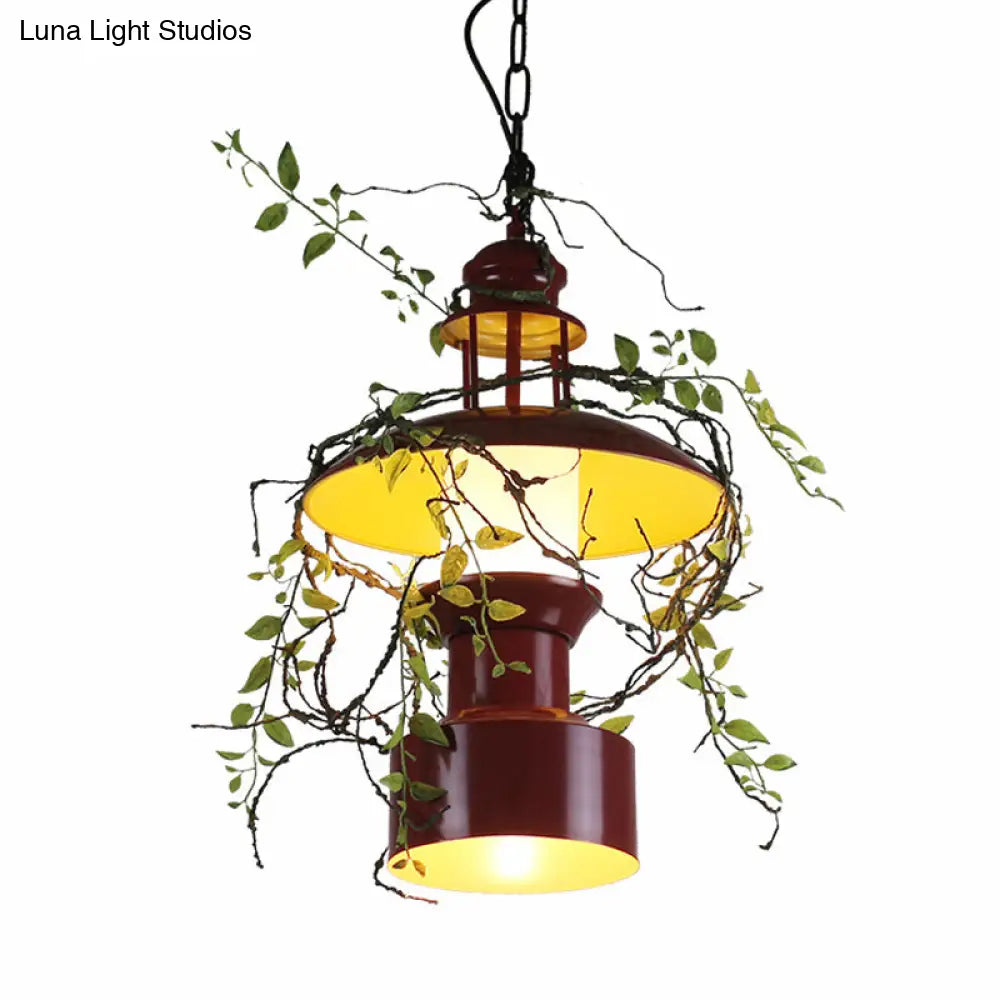 Burgundy Metal Farm Style Pendant Lamp With Hanging Drum Shade - Featuring 1 Light Faux Plant