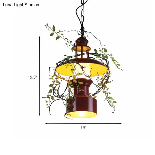 Burgundy Metal Hanging Ceiling Light With Drum Shade - Farm Style Pendant Lamp Fake Plant Attachment