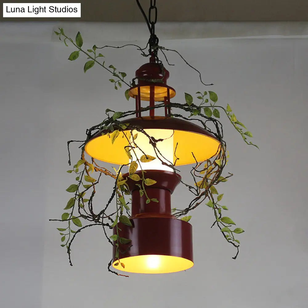 Burgundy Metal Farm Style Pendant Lamp With Hanging Drum Shade - Featuring 1 Light Faux Plant