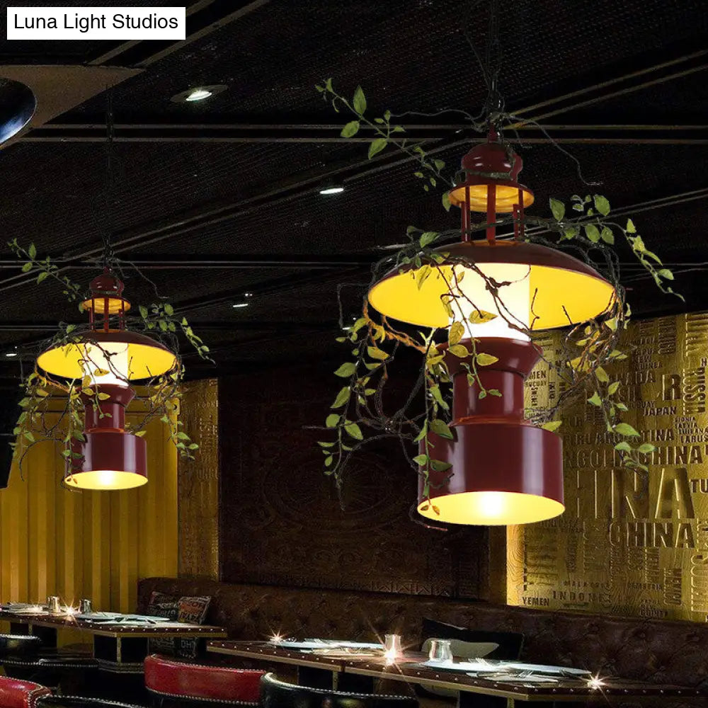 Burgundy Metal Farm Style Pendant Lamp With Hanging Drum Shade - Featuring 1 Light Faux Plant