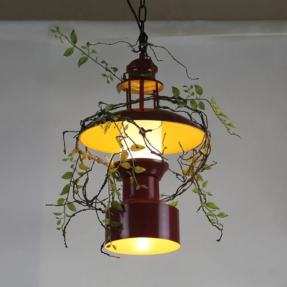 Burgundy Metal Hanging Ceiling Light With Drum Shade - Farm Style Pendant Lamp Fake Plant Attachment