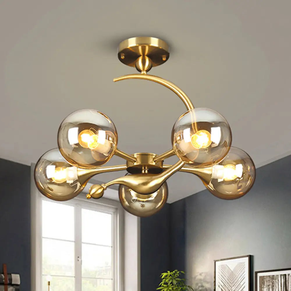 Burst Amber Glass Orb Semi Flush Chandelier - Postmodern 3/5 Heads Brass Ceiling Mounted Light With