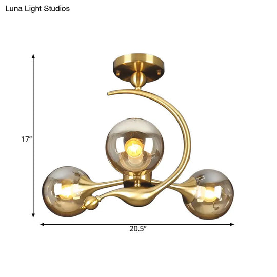 Burst Amber Glass Orb Semi Flush Chandelier - Postmodern 3/5 Heads Brass Ceiling Mounted Light With