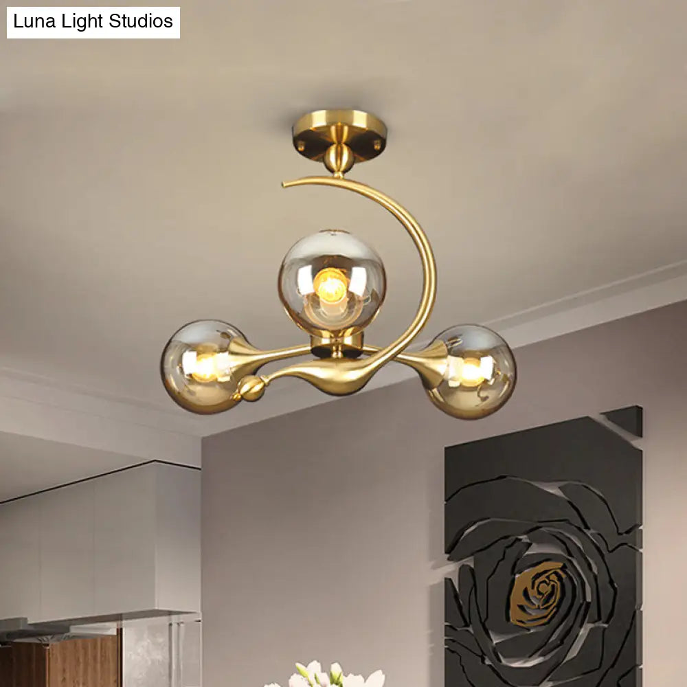 Burst Amber Glass Orb Semi Flush Chandelier - Postmodern 3/5 Heads Brass Ceiling Mounted Light With