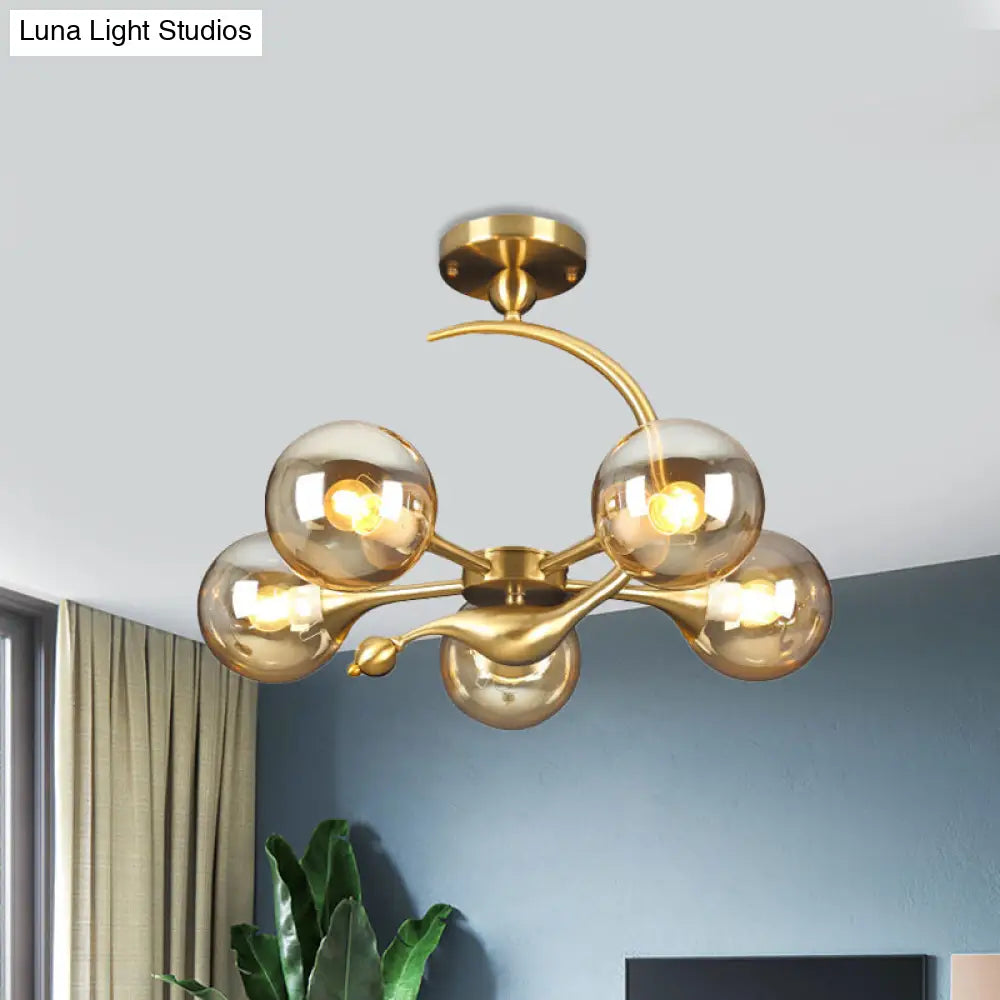 Burst Amber Glass Orb Semi Flush Chandelier - Postmodern 3/5 Heads Brass Ceiling Mounted Light With