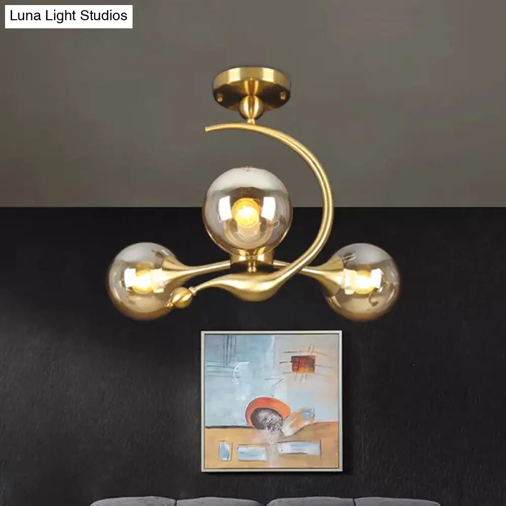 Burst Amber Glass Orb Semi Flush Chandelier - Postmodern 3/5 Heads Brass Ceiling Mounted Light With