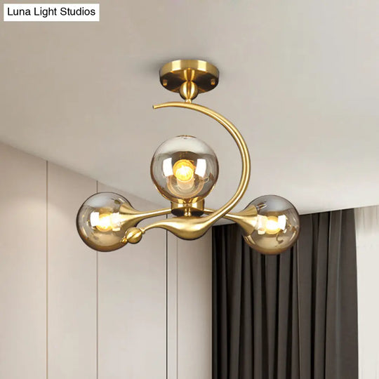 Burst Amber Glass Orb Semi Flush Chandelier - Postmodern 3/5 Heads Brass Ceiling Mounted Light With