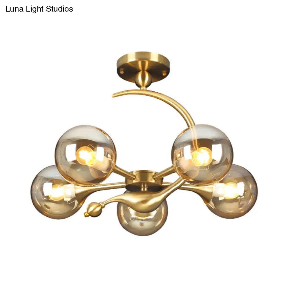 Burst Amber Glass Orb Semi Flush Chandelier - Postmodern 3/5 Heads Brass Ceiling Mounted Light With