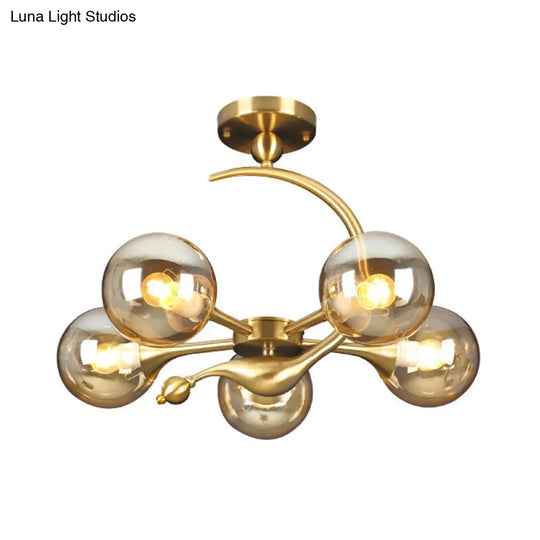 Burst Amber Glass Orb Semi Flush Chandelier - Postmodern 3/5 Heads Brass Ceiling Mounted Light With