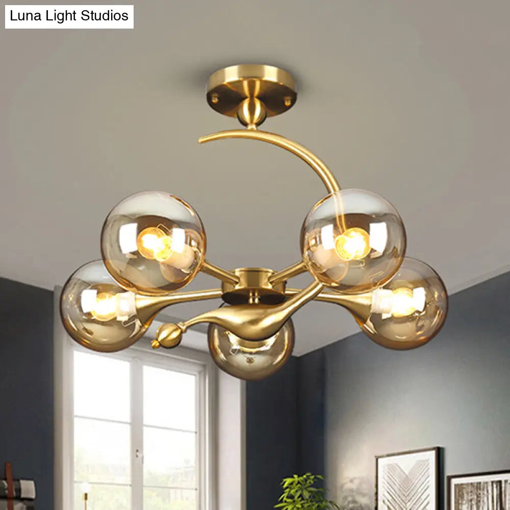 Burst Amber Glass Orb Semi Flush Chandelier - Postmodern 3/5 Heads Brass Ceiling Mounted Light With