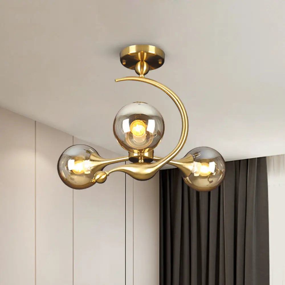 Burst Amber Glass Orb Semi Flush Chandelier - Postmodern 3/5 Heads Brass Ceiling Mounted Light With