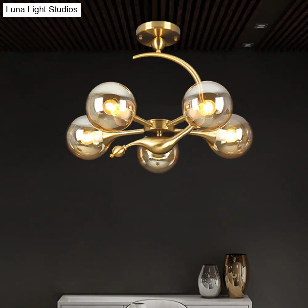 Burst Amber Glass Orb Semi Flush Chandelier - Postmodern 3/5 Heads Brass Ceiling Mounted Light With