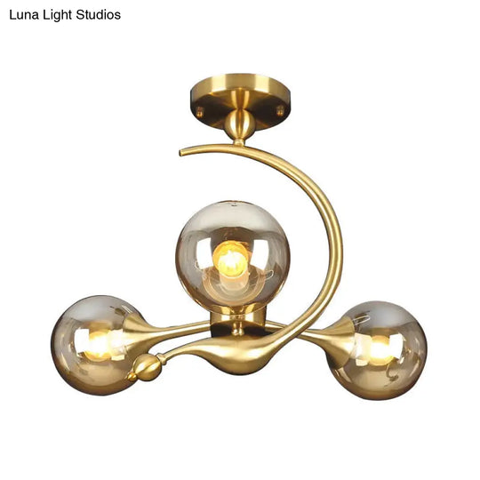 Burst Amber Glass Orb Semi Flush Chandelier - Postmodern 3/5 Heads Brass Ceiling Mounted Light With