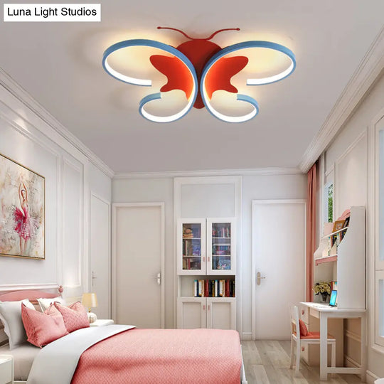 Butterfly Aluminum Led Flush Pendant Light For Kids Blue/Red Ceiling With Warm/White Glow