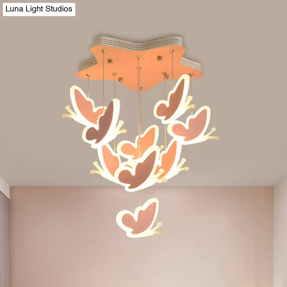 Butterfly Cluster Kids Ceiling Lamp - Pink/Blue Acrylic Semi Flush Mount Pink