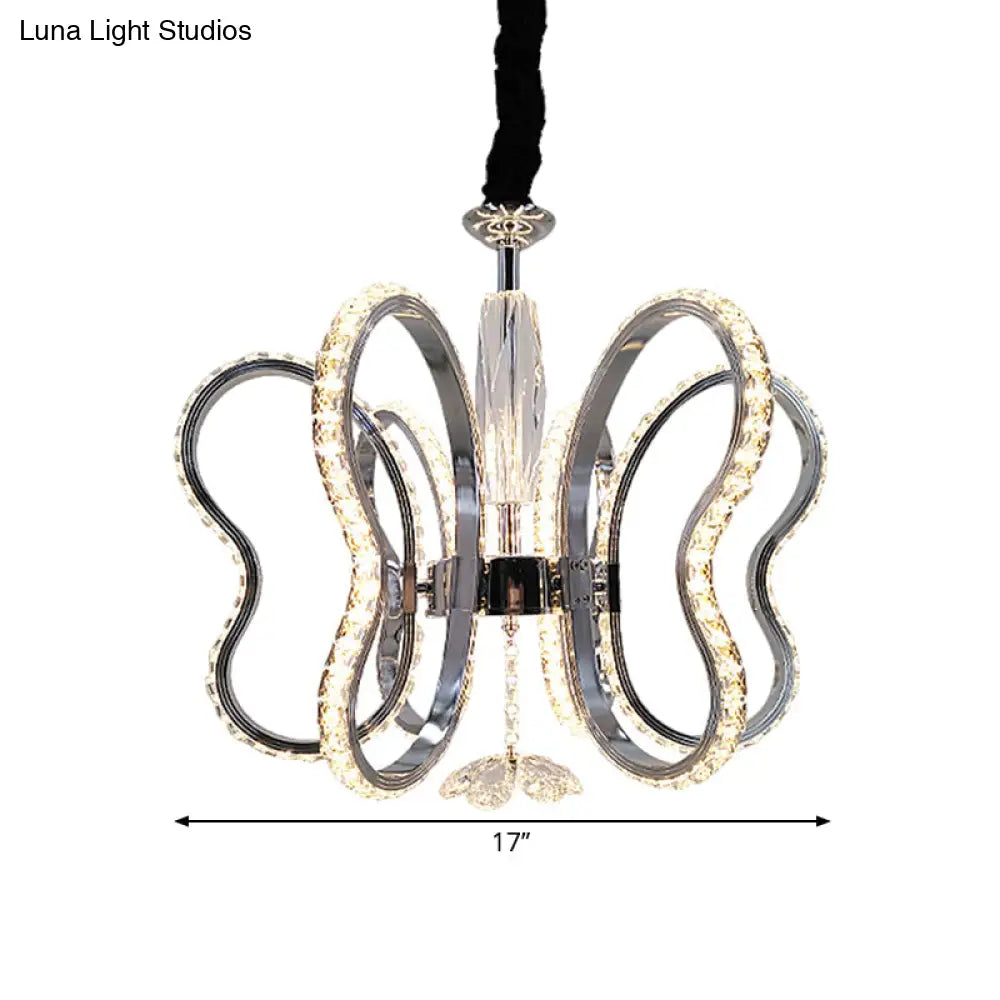 Butterfly Crystal Led Pendant Chandelier In Chrome - Restaurant Ceiling Hanging Light With